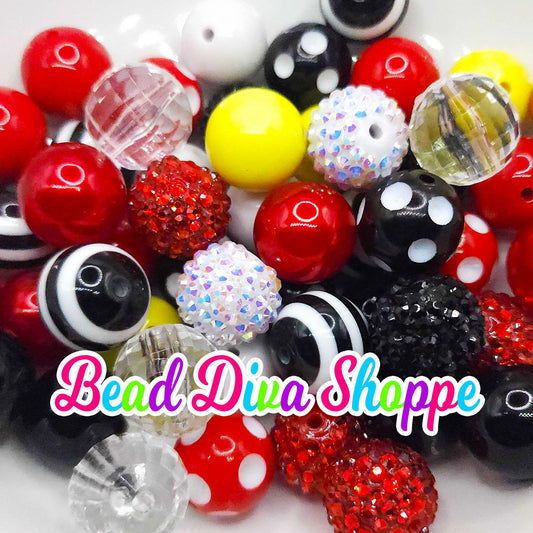 Set of 24 - 20mm - Yellow / Red / Black / White  - Bead Mix - Bubblegum - Round Acrylic Beads for DIY and Jewelry Making Supplies