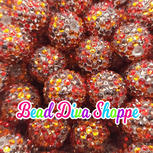20mm - RED / BROWN / ORANGE Rainbow Rhinestone Beads - Fall - Bubblegum - Chunky - Round Acrylic Beads for DiY and Jewelry Making Supplies
