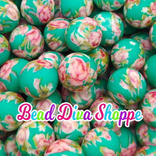 Set of 10 - 15mm - TEAL GREEN ROSES - Round Silicone Beads for Diy and Jewelry Making Supplies