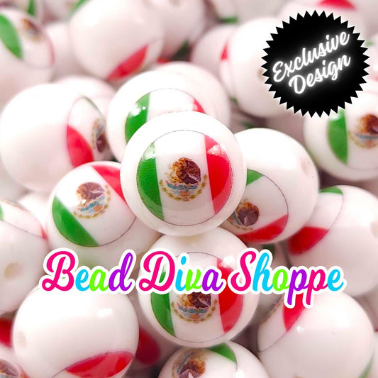 EXCLUSIVE - Set of 10 - 15mm - New Design - MEXICAN Flag - Printed Round Shiny GLOSS Silicone Beads -Jewelry Making - Beaded Pens -Keychains