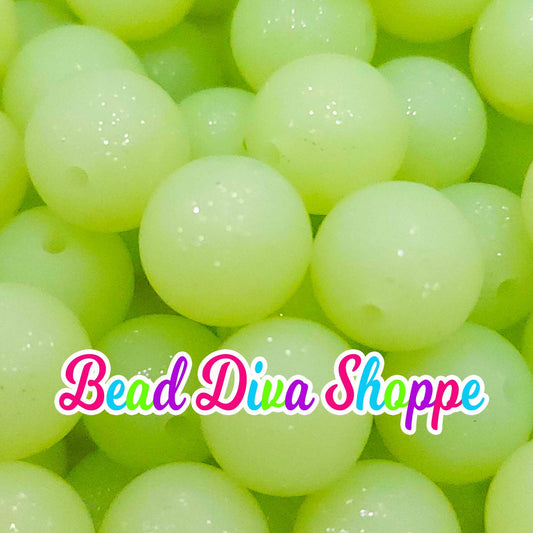 Set of 10 - 15mm - LIME GREEN GLITTER - Solid Silicone Beads - Diy Jewelry Making - Beaded Pens - Keychains - Bracelets