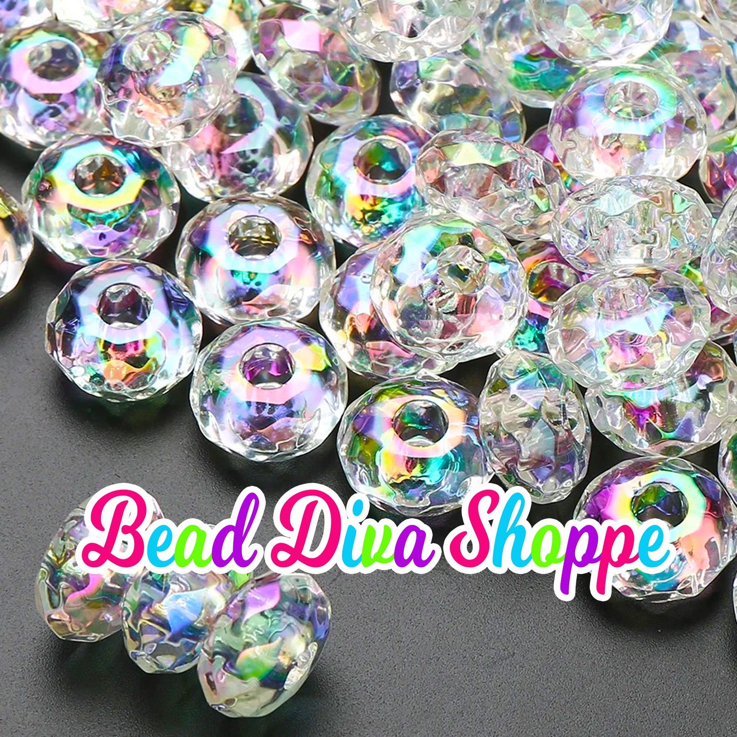 15mm - Set of 10 - CLEAR AB -  FACETED Round Loose Spacer Beads - Diy - Jewelry - Beaded Pens - Spacers - Keychains - Bracelets