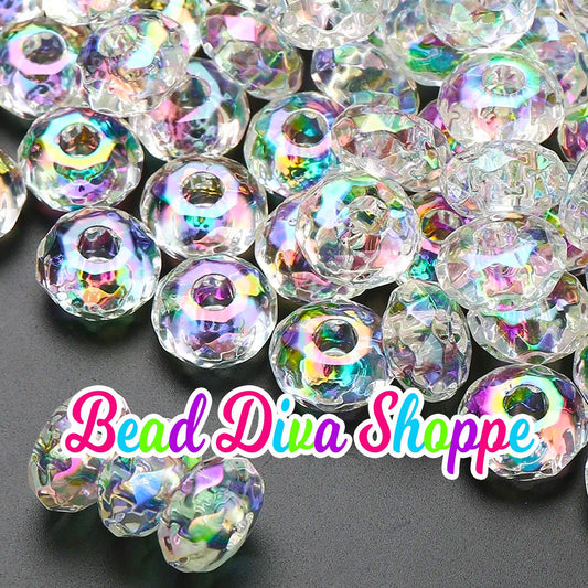 15mm - Set of 10 - CLEAR AB -  FACETED Round Loose Spacer Beads - Diy - Jewelry - Beaded Pens - Spacers - Keychains - Bracelets