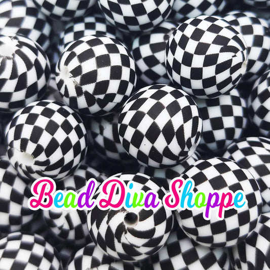 Set of 10 - 15mm - BLACK CHECKERED - Round Silicone Beads for Diy and Jewelry Making Supplies - Key Chains - Beaded Pens