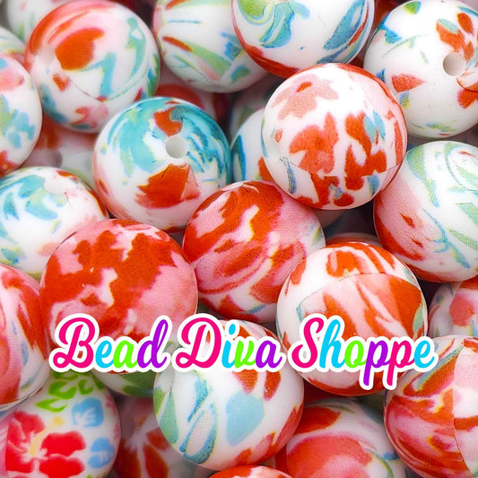 Set of 10 - 15mm - FLORAL WATERCOLORS  - Round Silicone Beads for Diy and Jewelry Making Supplies - Keychains - Beaded Pens