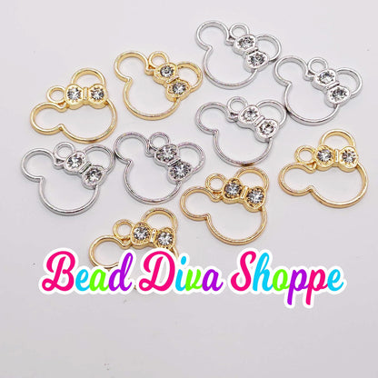 Set of 2 - 17mm x 19mm - Minnie Bow Charms w/Rhinestones - Beads - Diy - Jewelry - Beaded Pens - Spacers - Keychains - Bracelets