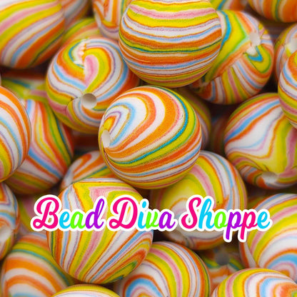 Set of 10 - 15mm - RETRO STRIPES / SWIRLS - Round Silicone Beads for Diy and Jewelry Making Supplies - Keychains - Beaded Pens