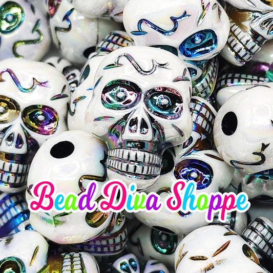 23mmx17mm - Set of 2 - HALLOWEEN AB Color Plated SKULLS - Charm Beads for Diy and Jewelry Making Supplies
