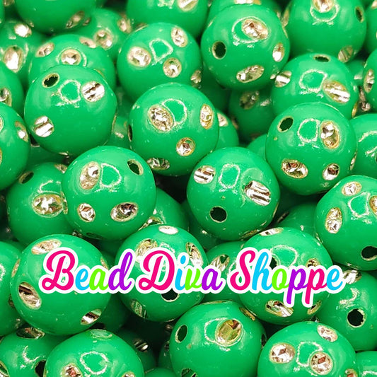12mm - Set of 50 - GREEN Bling Beads - Bubblegum - Rhinestone -   Acrylic Beads for DIY and Jewelry Making Supplies