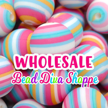 WHOLESALE - Set of 50/100 - 15mm - PASTEL STRIPES - Round Silicone Beads for Diy and Jewelry Making Supplies - Keychains - Beaded Pens