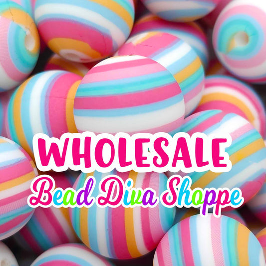 WHOLESALE - Set of 50/100 - 15mm - PASTEL STRIPES - Round Silicone Beads for Diy and Jewelry Making Supplies - Keychains - Beaded Pens