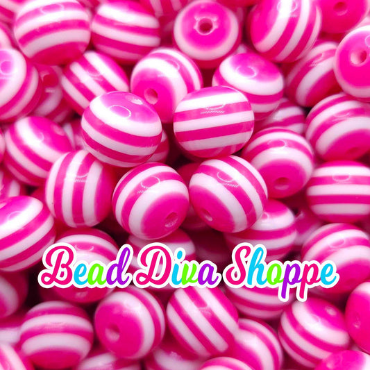 12mm - Set of 10 - HOT PINK STRIPED Beads - Bubblegum - Rhinestone -   Acrylic Beads for Diy and Jewelry Making Supplies