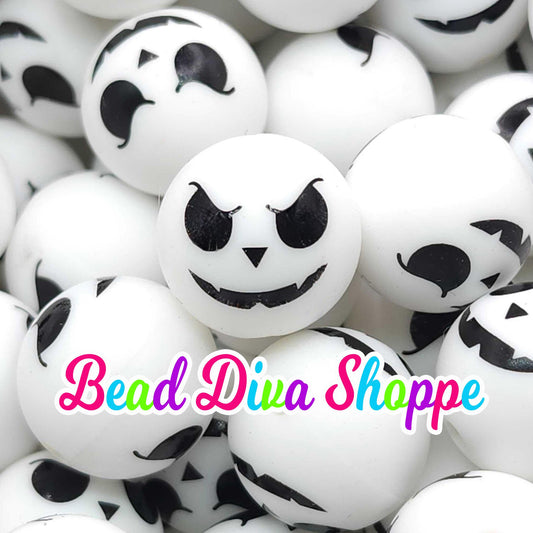 Set of 10 - 15mm - WHITE JACK O LATERN - Round Silicone Beads for Diy and Jewelry Making Supplies - Keychains - Beaded Pens