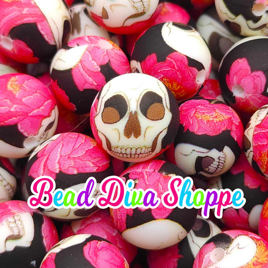 Set of 10 - 15mm - SKULL / FLOWERS - Round Silicone Beads for Diy and Jewelry Making Supplies - Keychains - Beaded Pens