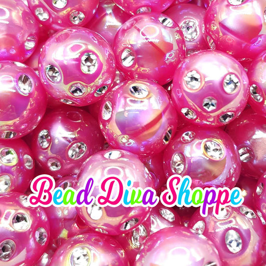 Set of 10 - 16mm - HOT PINK RHINESTONE Ab - Acrylic Beads- Bubblegum - Chunky - Round Acrylic Beads for Diy and Jewelry Supplies