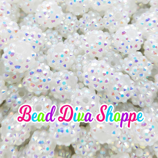 12mm - Set of 10 - WHITE  AB RHINESTONE Beads - Bubblegum - Rhinestone -   Acrylic Beads for Diy and Jewelry Making Supplies