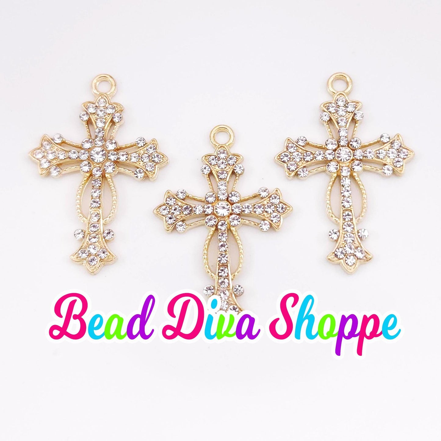 Set of 2 - 28mm x 17mm - GOLD CROSS with RHINESTONES Charms - Beads - Diy - Jewelry - Beaded Pens - Keychains - Bracelets - Cup Charms