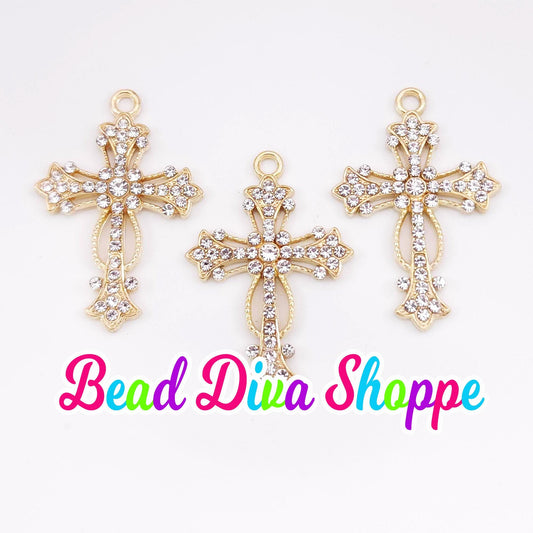 Set of 2 - 28mm x 17mm - GOLD CROSS with RHINESTONES Charms - Beads - Diy - Jewelry - Beaded Pens - Keychains - Bracelets - Cup Charms