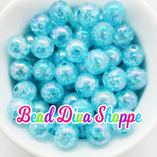 12mm - Set of 10 - TURQUOISE BLUE - CRACKLE Beads  - Bubblegum - Acrylic Beads for Diy and Jewelry Making Supplies