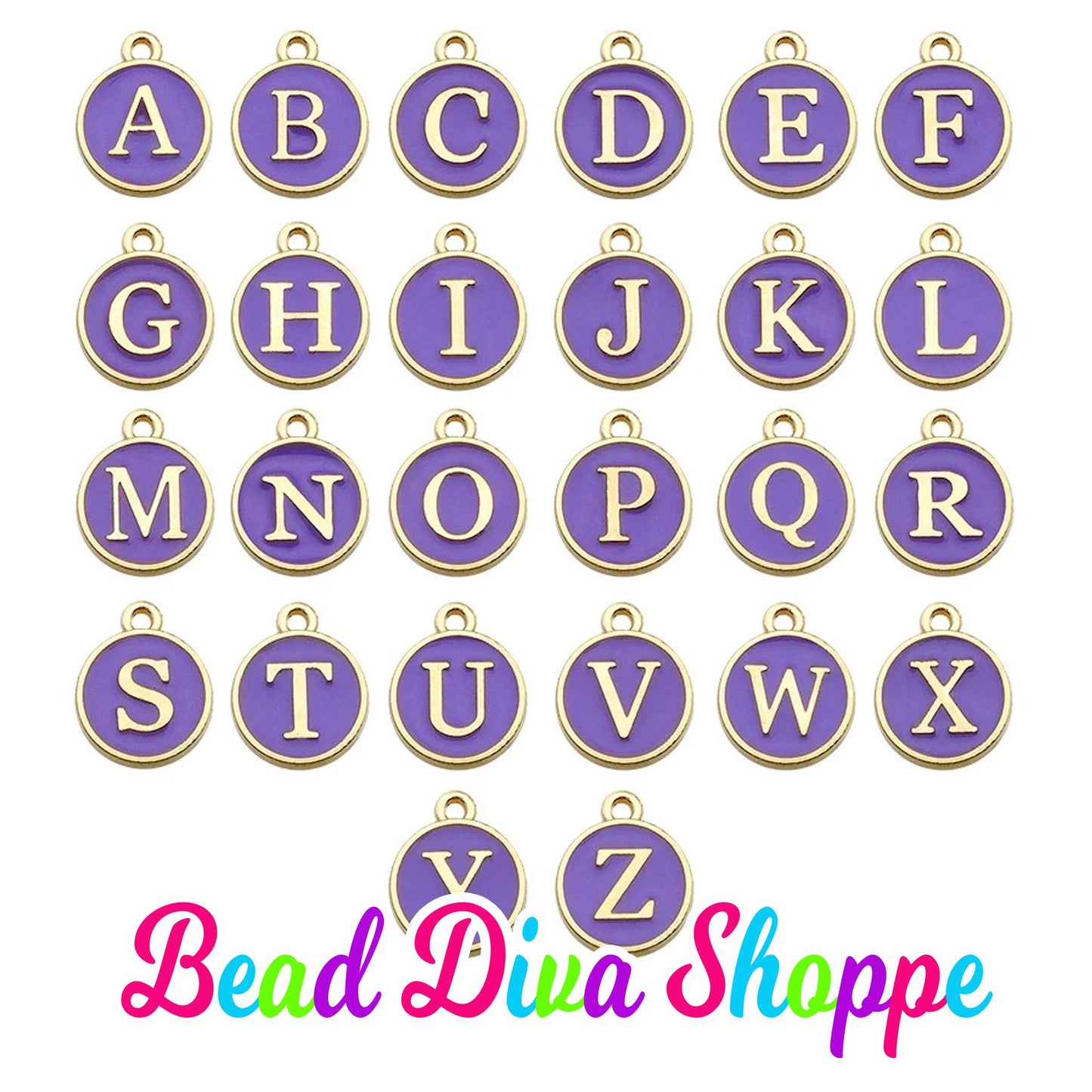 12mm - Set of 26 - A-Z PURPLE ALPHABET LETTERS -  Charm Beads - Diy - Jewelry - Beaded Pens - Charms - Keychains - Bracelets