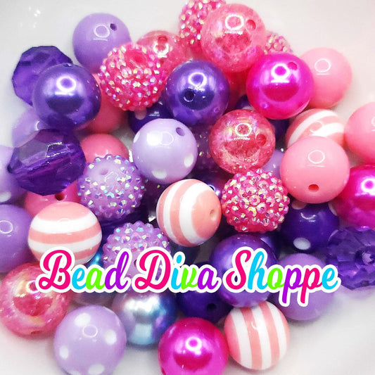 Set of 24 - 20mm - PURPLE / PINK Mix - Bead Mix - Bubblegum - Round Acrylic Beads for Diy and Jewelry Making Supplies
