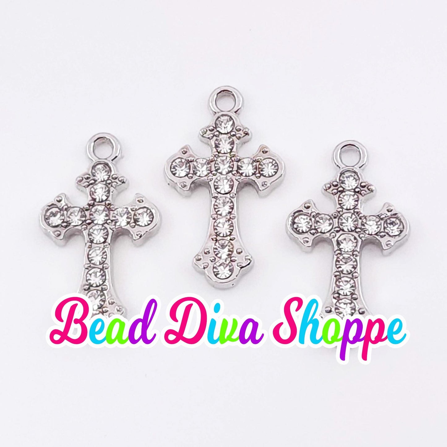 Set of 2 - 24mm x 13mm - SILVER CROSS with RHINESTONES Charms - Beads - Diy - Jewelry - Beaded Pens - Keychains - Bracelets - Cup Charms