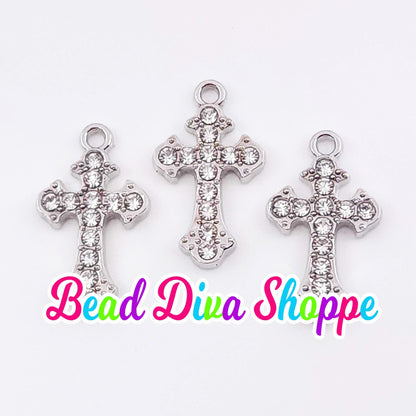 Set of 2 - 24mm x 13mm - SILVER CROSS with RHINESTONES Charms - Beads - Diy - Jewelry - Beaded Pens - Keychains - Bracelets - Cup Charms