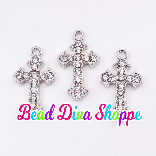 Set of 2 - 24mm x 13mm - SILVER CROSS with RHINESTONES Charms - Beads - Diy - Jewelry - Beaded Pens - Keychains - Bracelets - Cup Charms