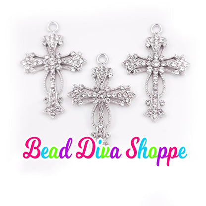 Set of 2 - 28mm x 17mm - SILVER CROSS with RHINESTONES Charms - Beads - Diy - Jewelry - Beaded Pens - Keychains - Bracelets - Cup Charms
