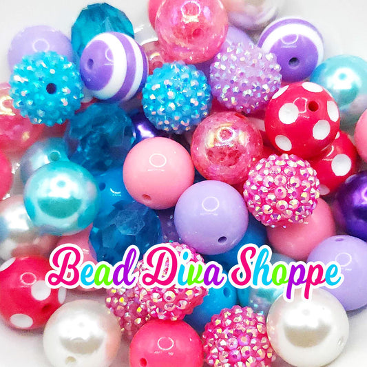 Set of 24 - Hot PINK / BLUE / PURPLE / White - Bead Mix - Bubblegum - Round Acrylic Beads for Diy and Jewelry Making Supplies