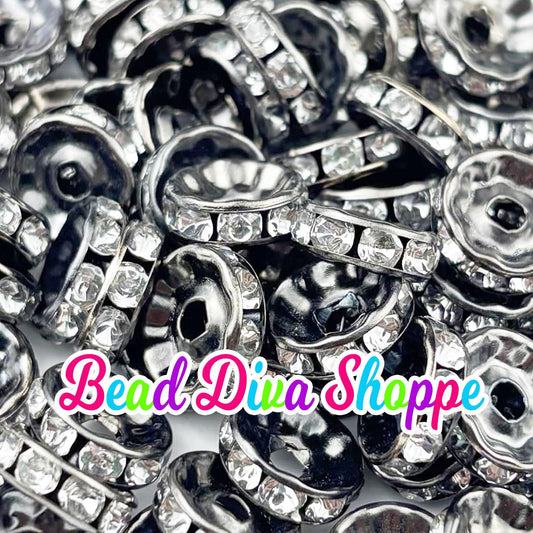 10mm - SET of 50 - GUNMETAL W/ CLEAR Rhinestone Rondelle Crystal Round Loose Spacer Beads