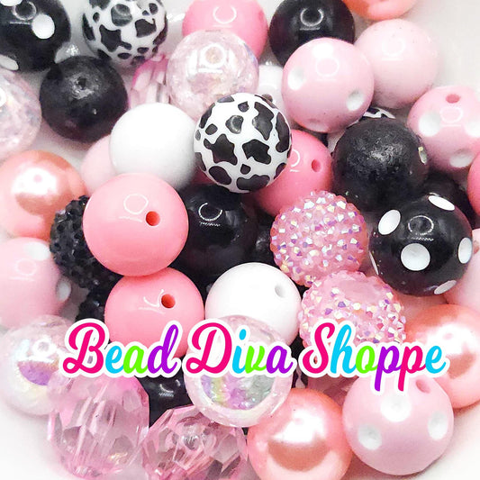 Set of 24 - PINK / COW PRINT / White - Bead Mix - Bubblegum - Round Acrylic Beads for Diy and Jewelry Making Supplies