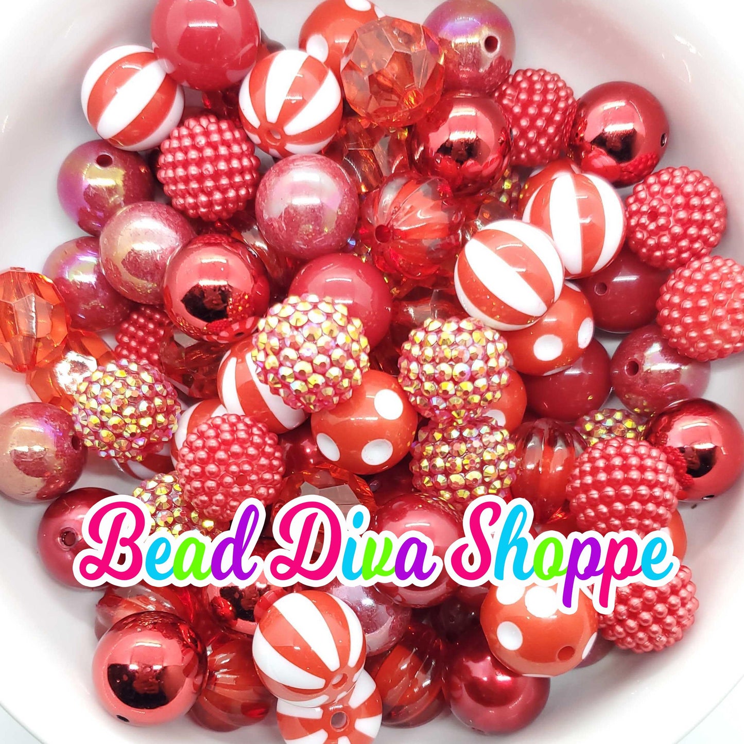 20mm - RED / WHITE - Mix - Bead Lot -  Bead Mix - Bubblegum - Round Acrylic Beads for DIY and Jewelry Making Supplies