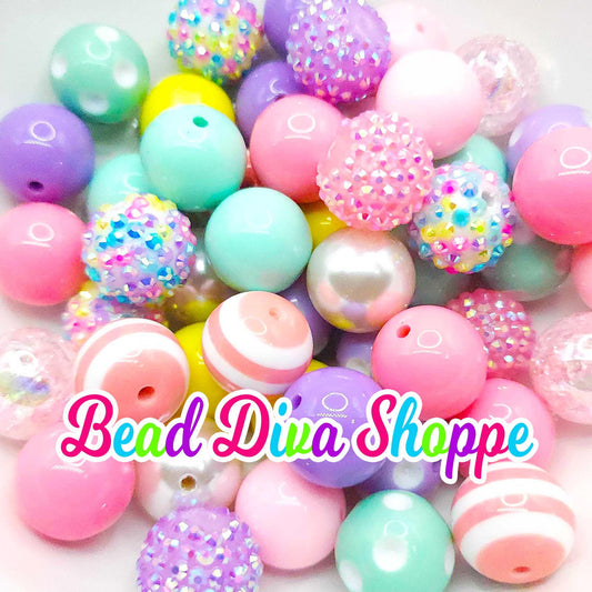 Set of 24 - PASTEL EASTER MIX - Bead Mix - Bubblegum - Round Acrylic Beads for Diy and Jewelry Making Supplies