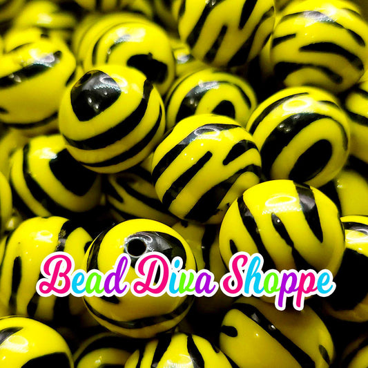20mm - YELLOW / BLACK ZEBRA Print Beads - Bubblegum - Round Acrylic Beads for Diy and Jewelry Making Supplies