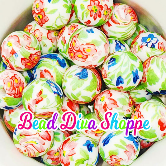Set of 10 - 15mm - RED / BLUE FLORAL - Round Silicone Beads for Diy and Jewelry Making Supplies - Keychains - Beaded Pens