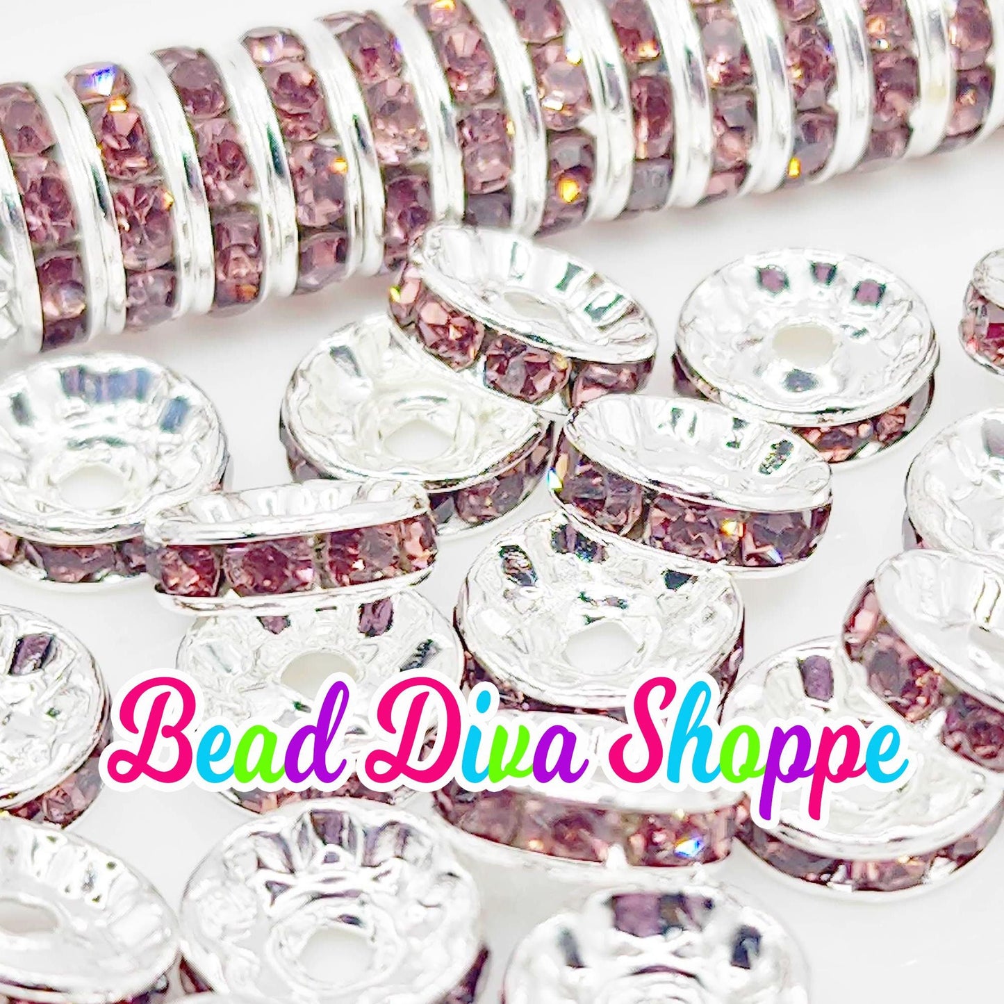 10mm - SET of 50 - PURPLE - Rhinestone Rondelle Crystal Round Loose Spacer Beads
