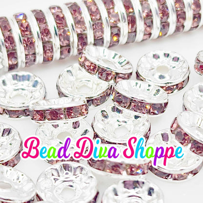 10mm - SET of 50 - PURPLE - Rhinestone Rondelle Crystal Round Loose Spacer Beads