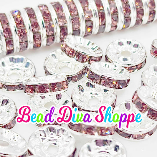 10mm - SET of 50 - PURPLE - Rhinestone Rondelle Crystal Round Loose Spacer Beads