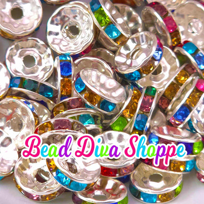 10mm - SET of 50 - MULTI COLOR - Rhinestone Rondelle Crystal Round Loose Spacer Beads